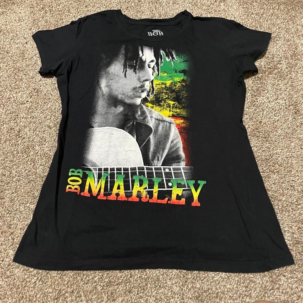 Bob Marley Graphic T-Shirt Black Reggae Music Portrait Slim fit 2XL Womens